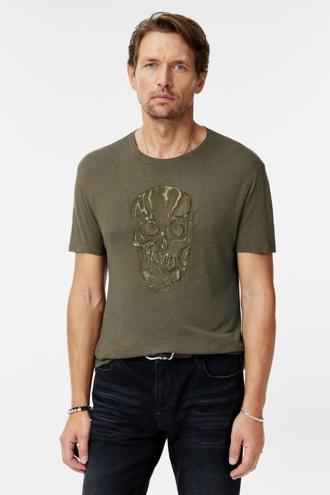 John Varvatos Ss Crew Tee - Chain Skull Olive Leaf Taglia: S | T-shirt stampate Outlet | Uomo | Verde