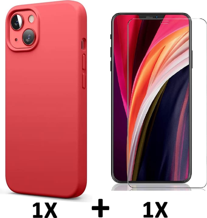 HB Hoesje Geschikt voor Apple iPhone 13 Mini - Rood / Glazen Screenprotector - Siliconen Back Cover