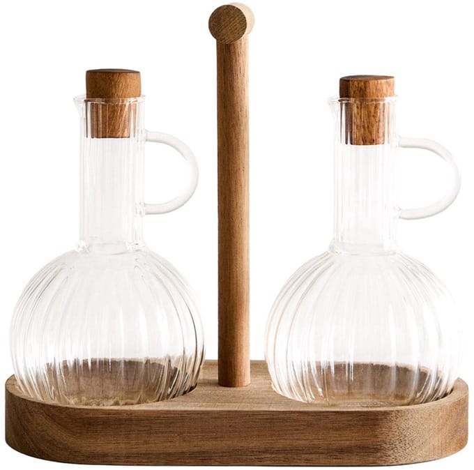 Glozini Olie- en Azijn Set Incl. Houder - Acacia Hout/Glas - Luxe Geribbelde Karafjes