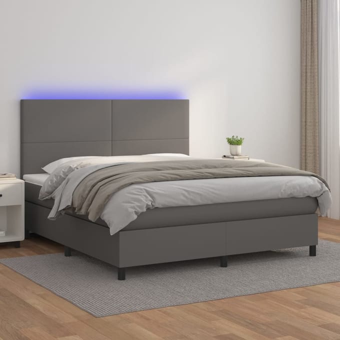 vidaXL - Boxspring - met - matras - en - LED - kunstleer - grijs - 160x200 - cm