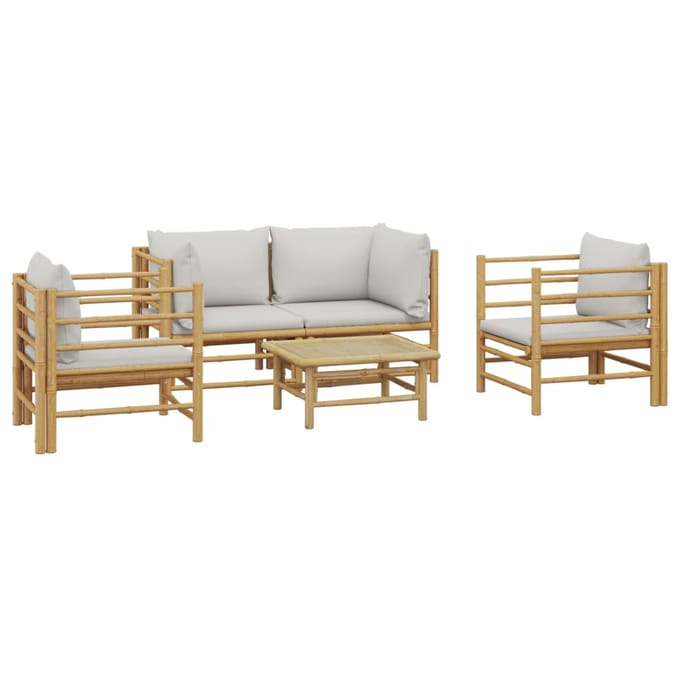 vidaXL - 5-delige - Loungeset - met - kussens - bamboe - lichtgrijs