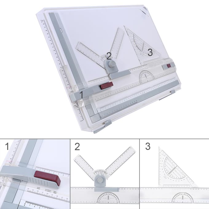 Table à dessin professionnelle A3 avec règle claire, mouvement parallèle et angle réglable white