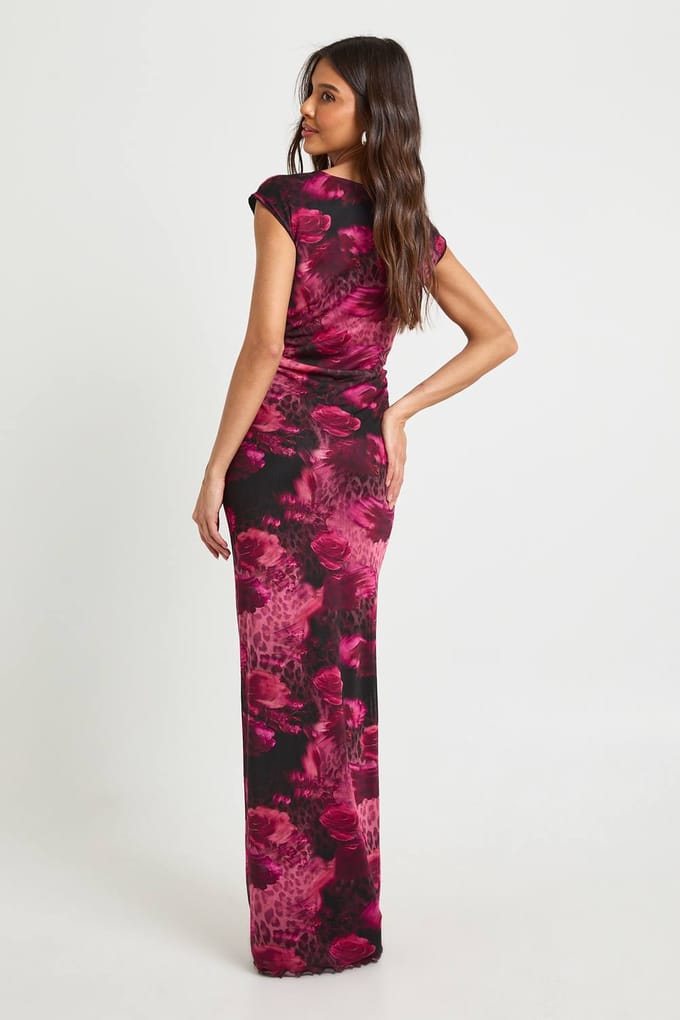 boohoo Dames Gemixte Bloemenprint Geplooide Taille Mesh Maxi Jurk | Pink | Maat: 6