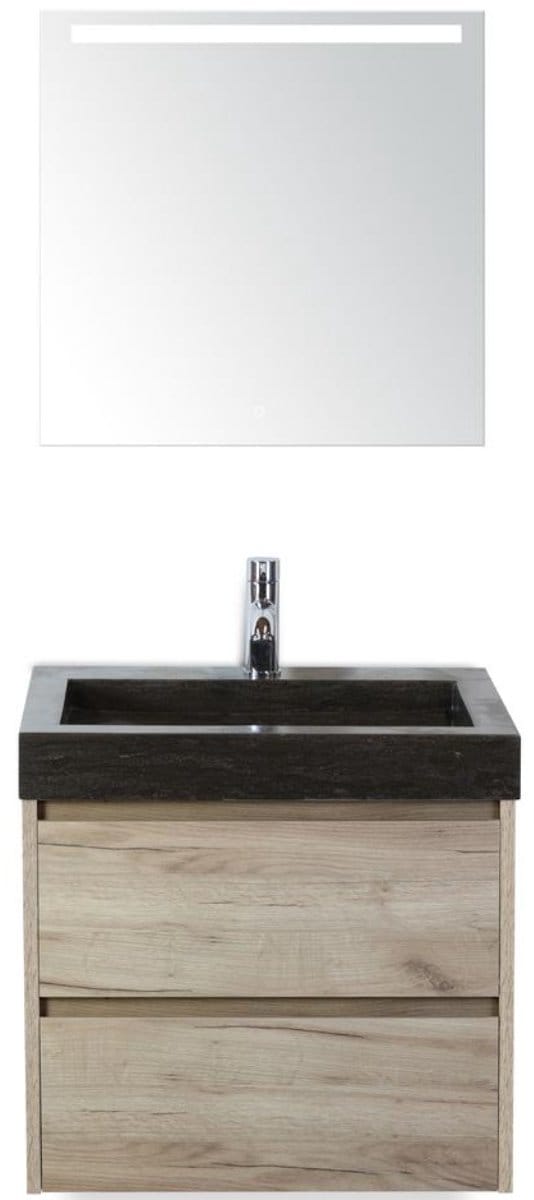 Dante Badmeubelset 60 cm - Craft Oak - Wastafel Hardsteen Wit Lucca met Sence Spiegel
