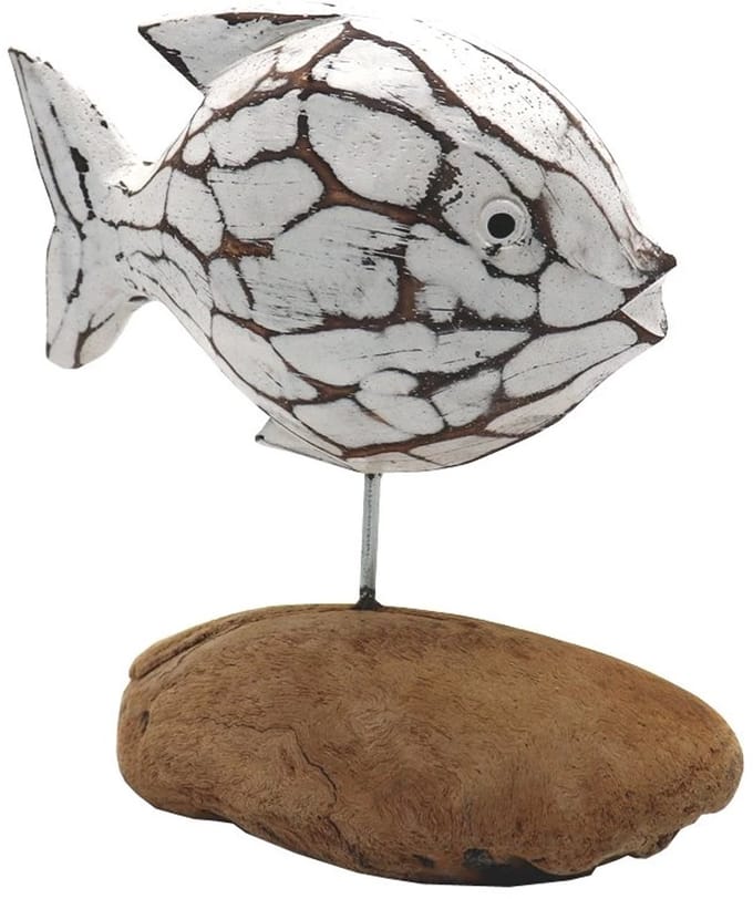 Houten figuur Vis Wit op drijfhout - 1 stuk Hoogte 15 à 20cm