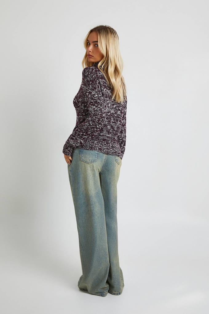 boohoo Dames Rolhals Marl gebreide trui | Aubergine | Maat: Medium