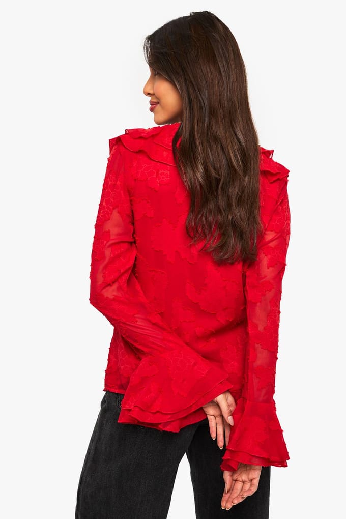 boohoo Dames Bloouse met bloemenstructuur en ruches | Red | Maat: 6