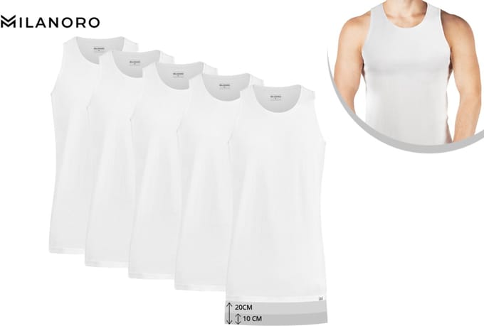 Milanoro - Set van 5 extra lange katoenen ondershirts voor heren - Wit - S