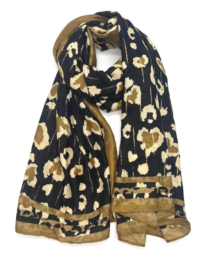 Lange dames sjaal Maria luipaardprint panterprint zwart beige goud bruin