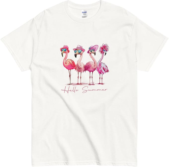 T Shirt Dames Heren met Grappige Zomer Flamingo's - Hello Summer - Wit - M