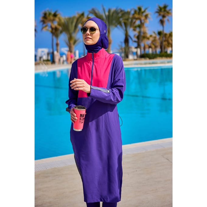 Paarse, bescheiden badmode Burkini-set met volledige dekking