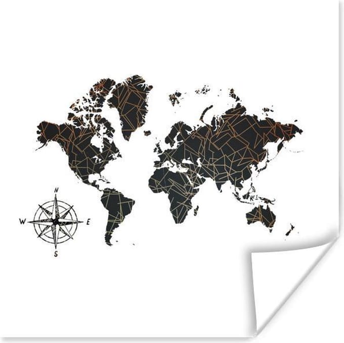 Poster Wereldkaart - Zwart - Kompas - 30x30 cm