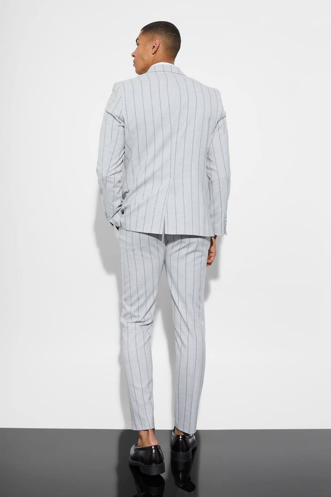 Slim Single Breasted Striped Suit Jacket | Light Grey | Size 48