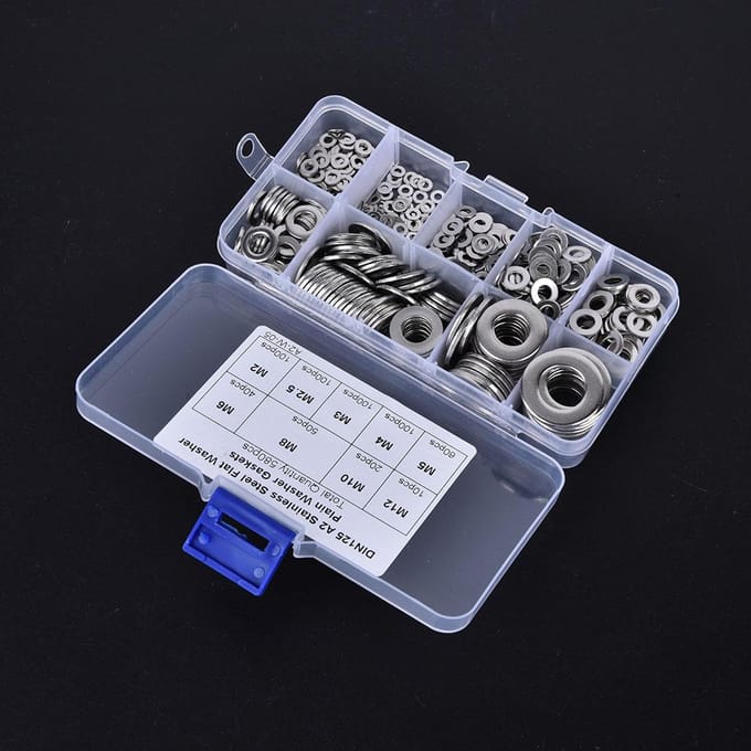 Assortimentset met 580 platte ringen van roestvrij staal M2 M2.5 M3 M4 M5 M6 M8 M10 M12