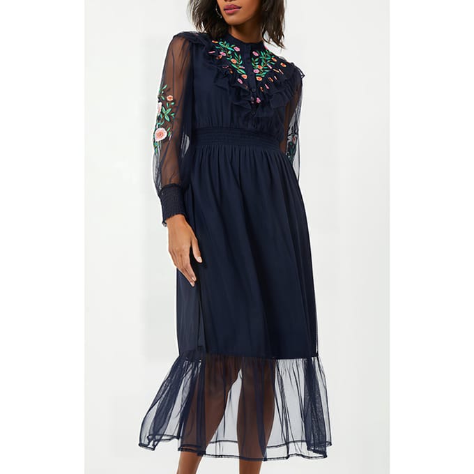 French Connection Abra Embroided Mesh Midi Dress Blue Größe: M | Midikleider Outlet | Damen | Blau