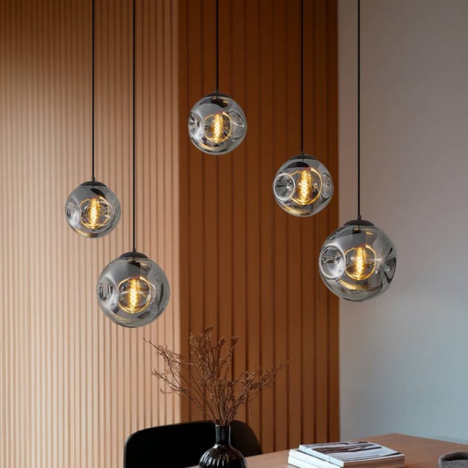 Lindby hanglamp Valentina, E27, 125,5cm hoog, grijs, glas