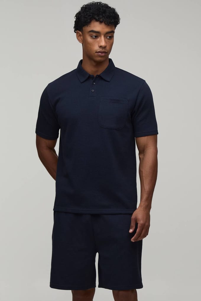 Regular Fit Wafel Polo Met Knoopsluiting En Borstzak & Shorts Set | Navy | Size Small