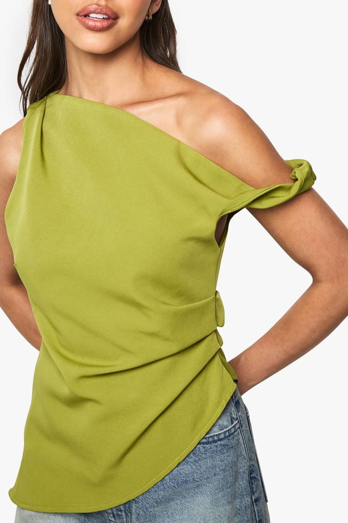boohoo Dames Geweven Gedrapeerde Asymmetrische Top | Olijf | Maat: 36
