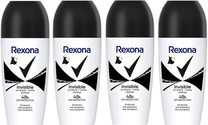 Rexona Deo Roller– Invisible Black & White - Voordeelverpakking 4 x 50 ml