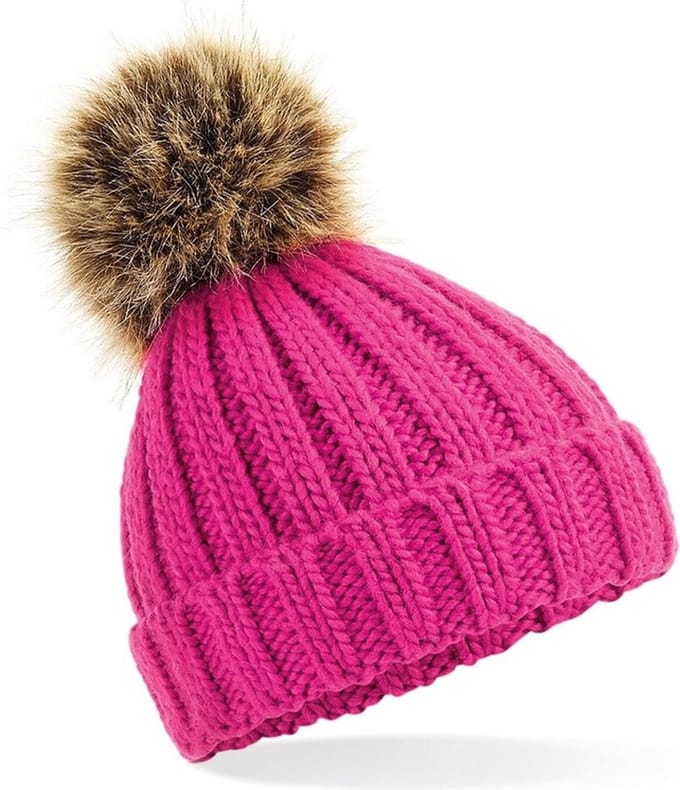 Grof gebreide wintermuts roze met bruine pompon voor dames