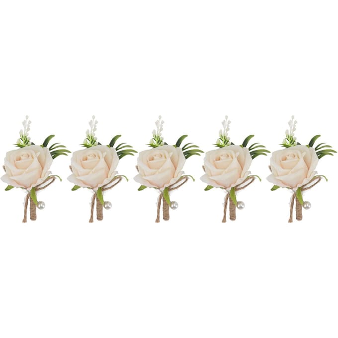 5 STuks Bruiloft Boutonnière Speld Vast Plastic Kunstbloem Corsage voor Bruid en Bruidegom Rood champagne