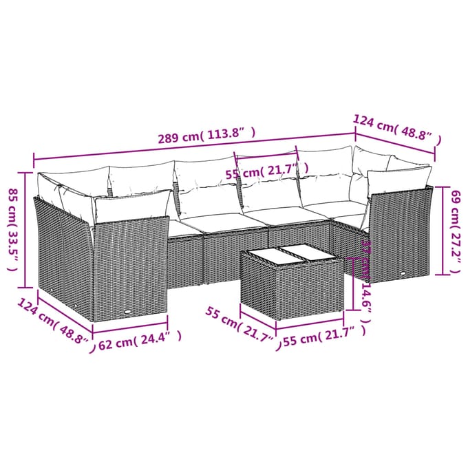 vidaXL - 8-delige - Loungeset - met - kussens - poly - rattan - bruin