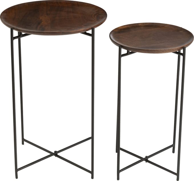 J-Line bijzettafel Rond - ijzer/hout - bruin/zwart - 2 stuks