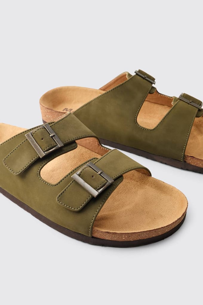 Sandaal Met Dubbele Bandjes Van Imitatiesuède | Olive | Size 44