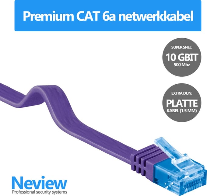Neview - 2 meter premium platte UTP kabel - CAT 6a - 10 Gbit - 100% koper - Paars - (netwerkkabel/internetkabel)
