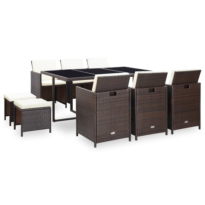 vidaXL - 11-delige - Tuinset - met - kussens - poly - rattan - bruin