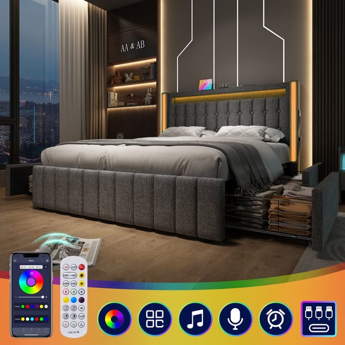 Gestoffeerd Bed - 160x200 cm - LED en USB C - 4 Laden en Lattenbodem - Hout - Grijs