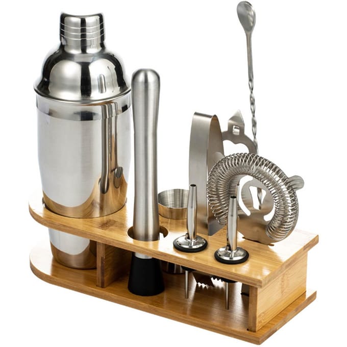 10 STUKS Thuis Barman Kit RVS met Bamboe Dienblad Cocktail Menggereedschap Set voor DIY Beginner gray