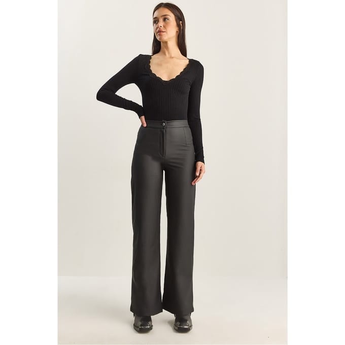 Hoge Taille Wijde Pijpen Nepleer Broek