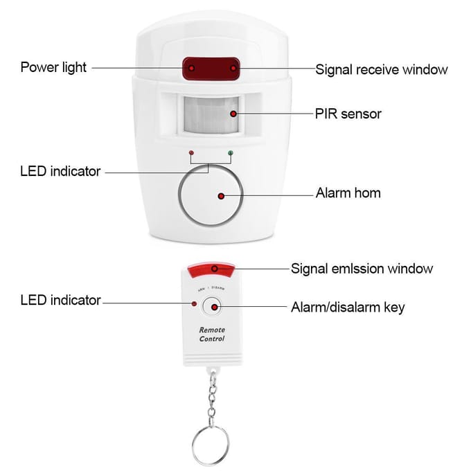 PIR Infrarood Bewegingsmelder Alarmunit met 2 Afstandsbedieningen Home Safety Systeem white