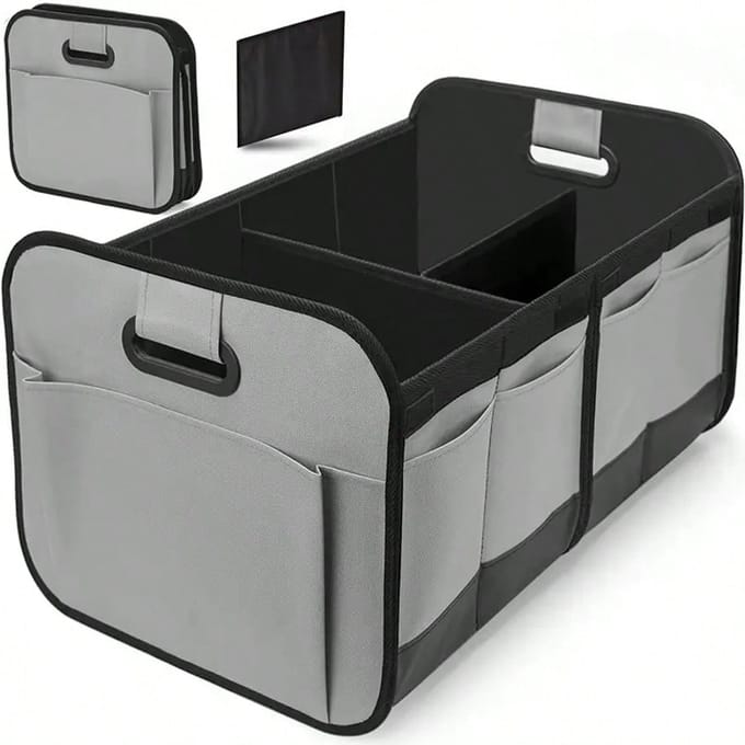 Boîte de rangement robuste pour coffre de voiture, design pliable avec plusieurs compartiments - Boîte de rangement avec poignée renforcée gris