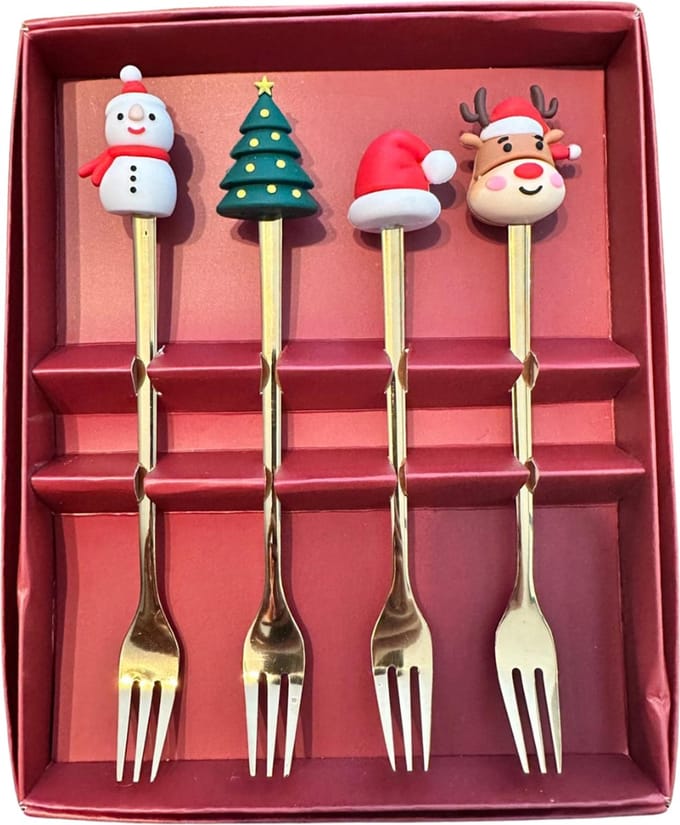 Kerst Vorkjes Set van 4 - Sneeuwpop, Kerstboom, Rendier & Kerstmuts - Goud Kerstbestek met Decoratie