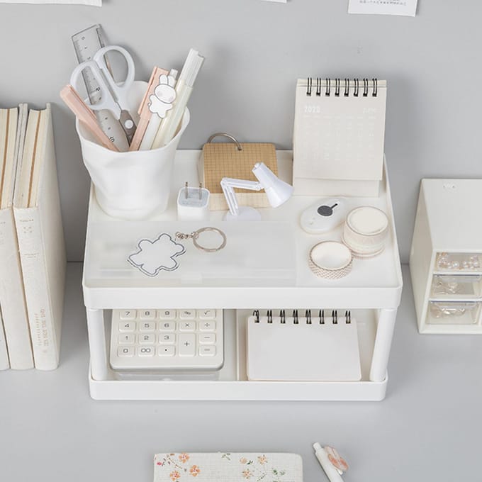 Dubbellaags Desktop Opbergrek Moderne Stijl Grote Capaciteit Kantoor Opbergplank voor Make-up en white