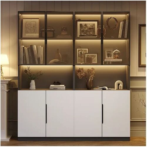 Merax Vitrinekast met 8 deuren - 160 x 30 x 200 cm - LED's - Spaanplaat en glas - Wit