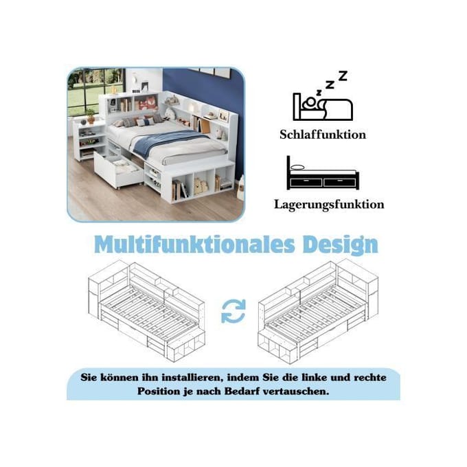 Lit simple - MUVOE - 90x200 cm - Blanc - Multifonctionnel - Avec tiroirs blanc