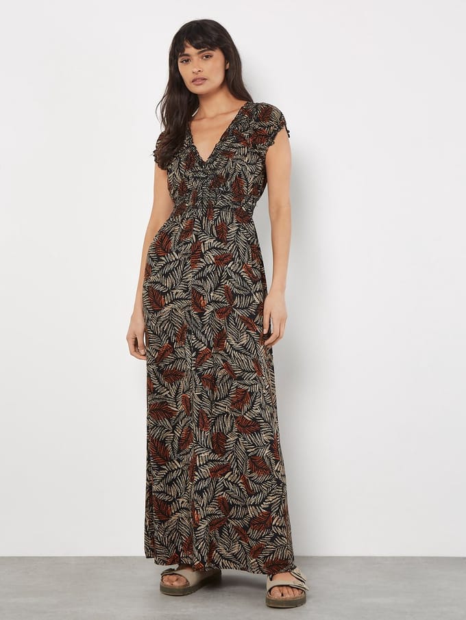 Maxi-jurk met rustieke bladprint en smockwerk
