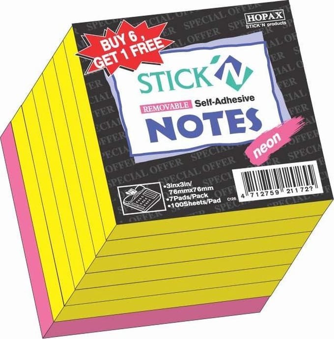 Stick'n sticky notes - 6x neon geel + 1x neon roze - 76x76mm - 700 memoblaadjes