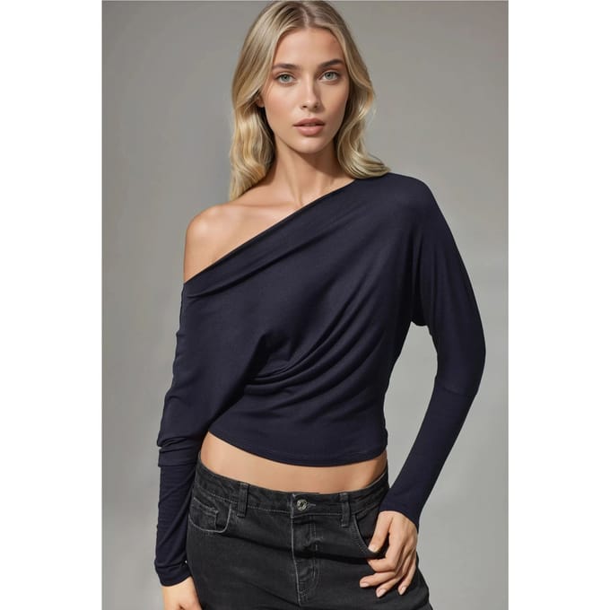 Asymmetrische Kraag Lange Mouw Elastische Gebreide T-Shirt