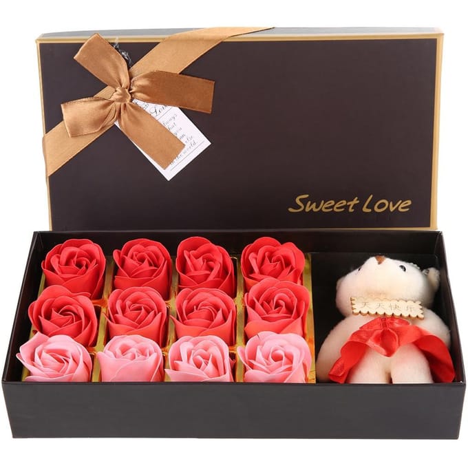 12 Rozen Bloem Zeep Bloem Pluche Beer Valentijnsdag Romantisch Cadeau Met Doos (Rood) red