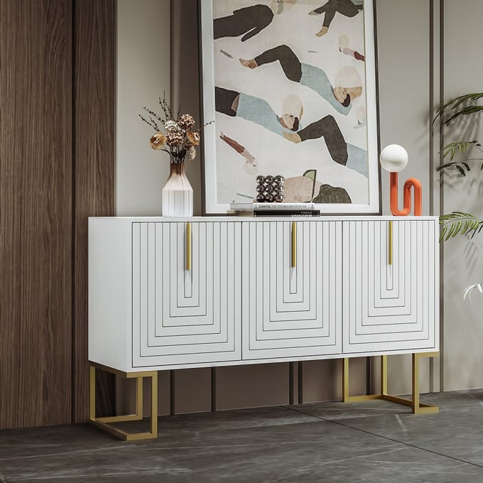Dressoir - 3 Deuren met Verstelbare Planken - Met Metalen Grepen - Wit
