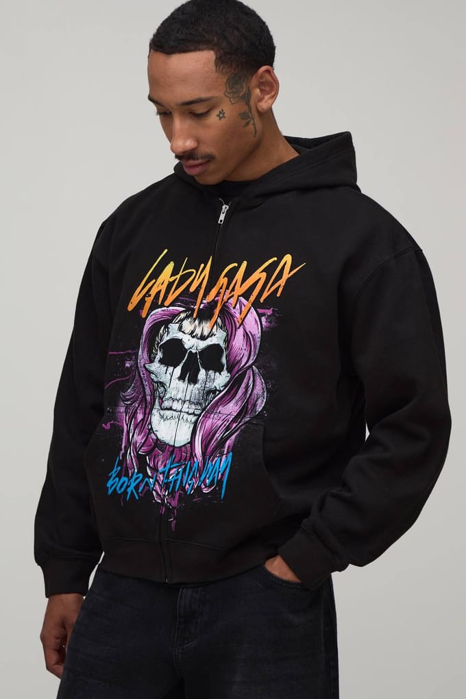 Zwarte Oversized Boxy Lady Gaga Licentie Bedrukte Hoodie Met Rits | Black | Size Medium