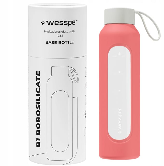 Glazen Motivatiefles 500ml – Duurzame Waterfles in Coral