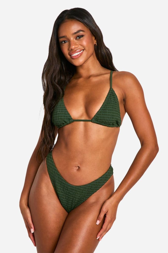 boohoo Dames Seersucker High Leg Bikini Slip | Kaki | Maat: 44