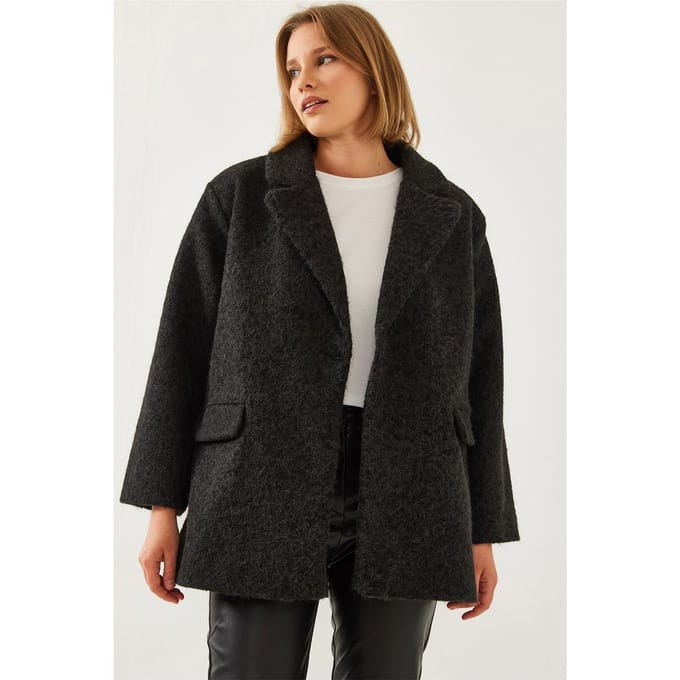 Oversized Pluche Jas met Sjaalkraag en Zak