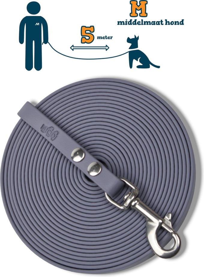 Miqdi BioThane® Sleeplijn 5 meter – zonder handvat – M (13 mm) – grijs – waterdicht & sterk