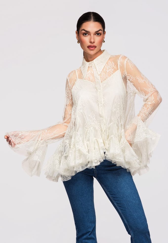 OMBRE Overhemd - Loose Fit - Lange Mouw - Knopen Beige M/L